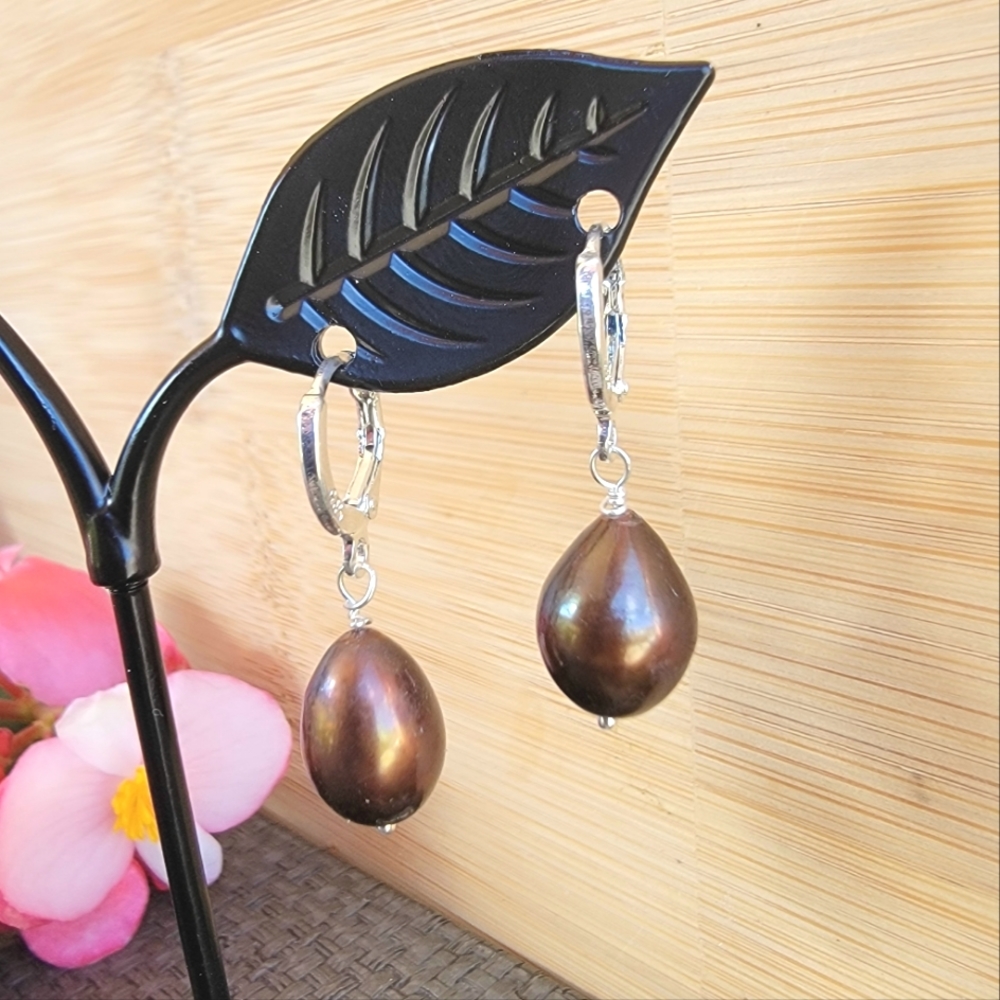 BROWN Pearl Earrings hoop Dangle Drop Sterling Silver